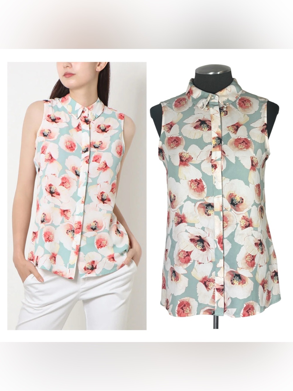 🆕 Karl Lagerfeld – Floral Sleeveless Collared Button-Down Top – Macy’s – Small